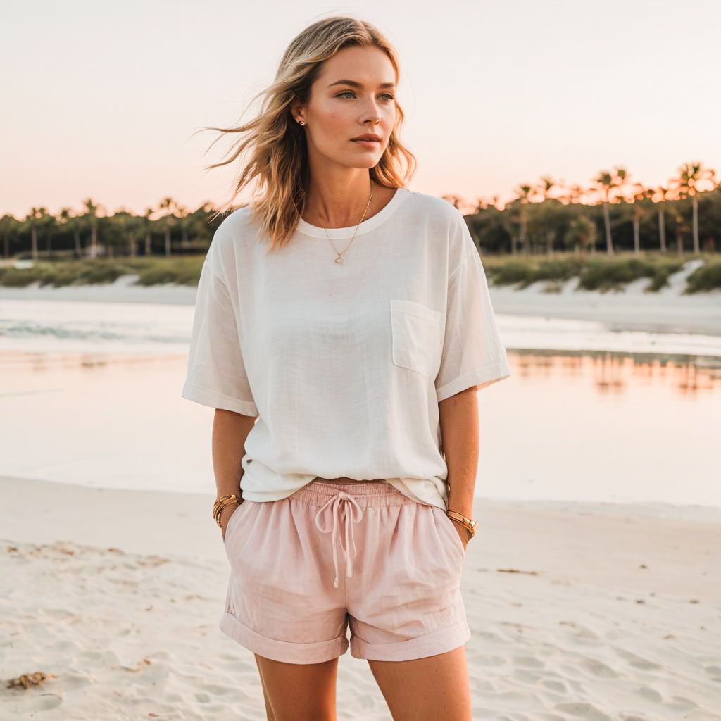 Serene Beach Scene with Woman in Summer Outfit