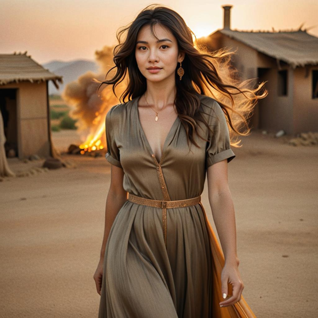 Elegant Woman in Desert at Sunset