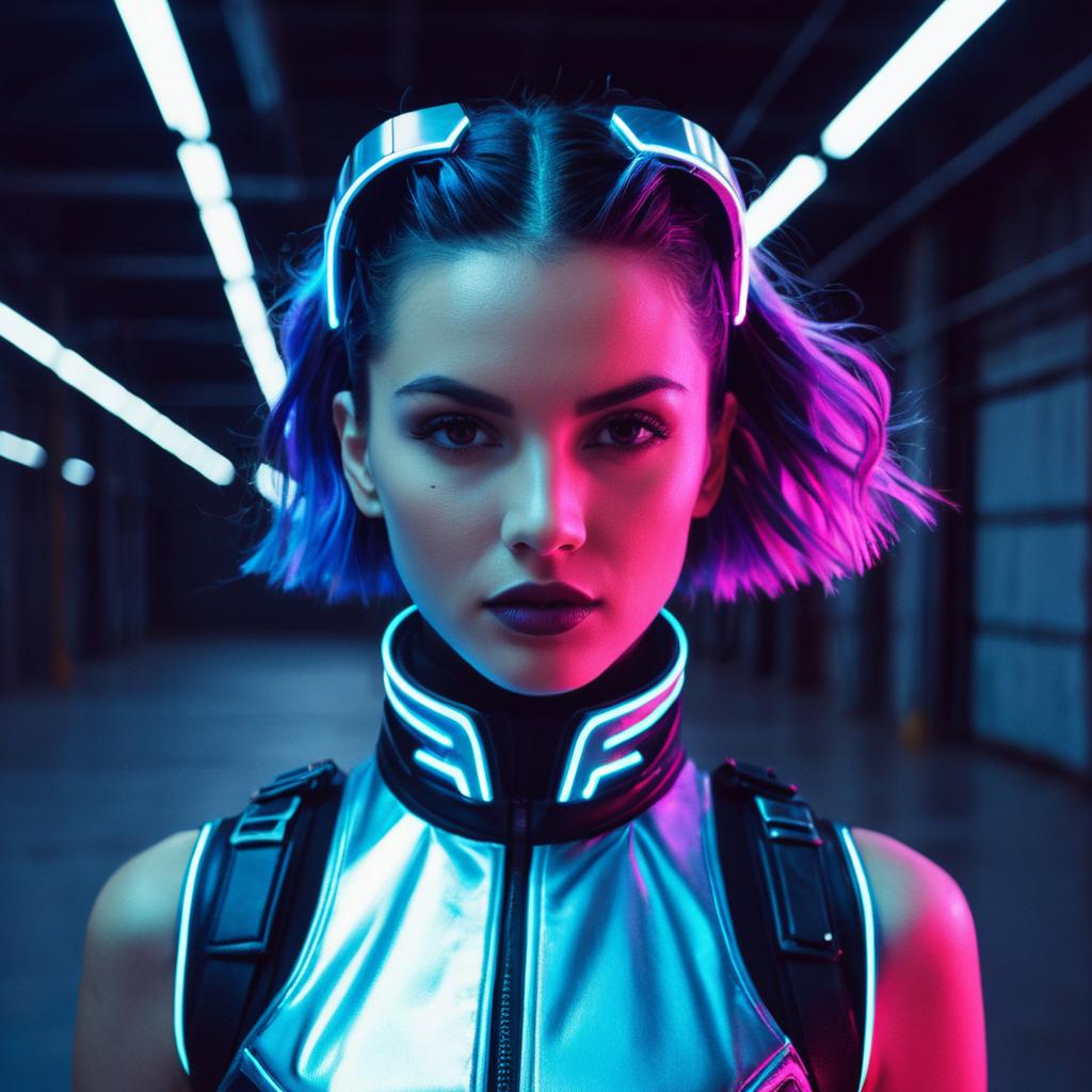 Cyberpunk Woman in Neon Lit Futuristic Suit with Purple Hair