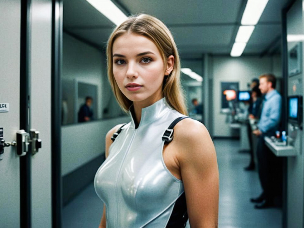 Futuristic Woman in Silver Outfit in High-Tech Environment