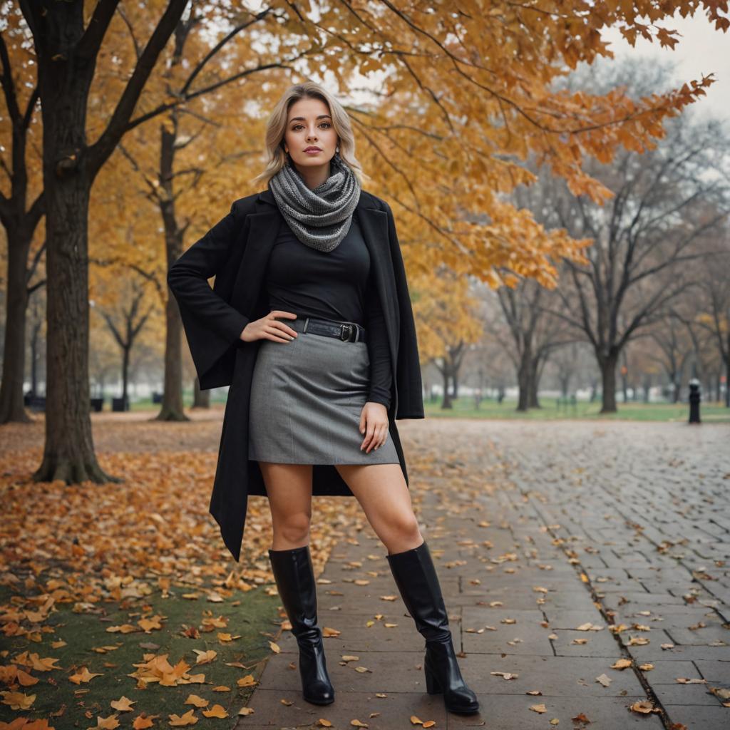 Confident Woman in Gray Skirt with Autumn Leaves