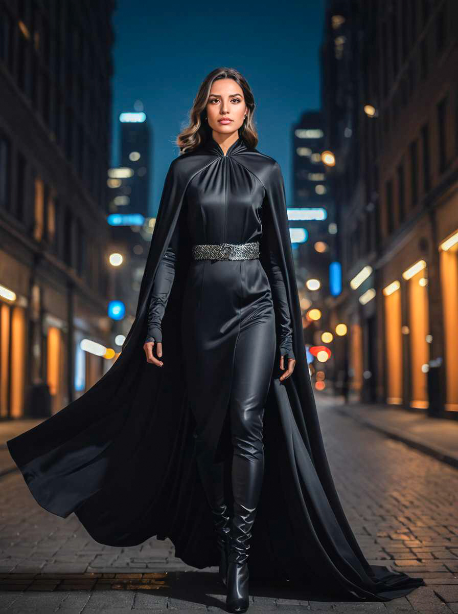 Elegant Woman in Black Costume at Night