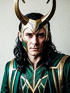 Man Wearing Detailed Loki Costume with Gold Horned Helmet and Green Armor