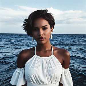 Confident Woman in White Dress by Ocean