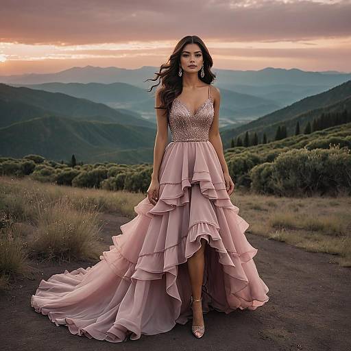 Elegant Woman in Dusty Pink Layered Evening Gown on Mountain Trail at Sunset