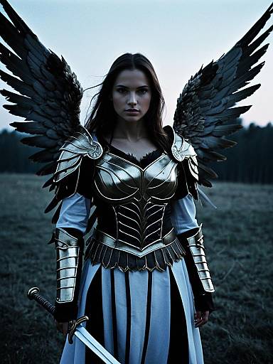 Warrior Angel Woman in Photorealistic Costume with Black Wings at Twilight
