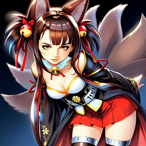 Akagi-chan Fox Spirit Anime Girl with Red Skirt and Tails Illustration