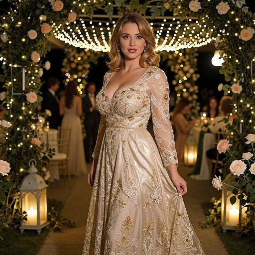Elegant Woman in Gold Embroidered Gown Under String Lights