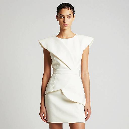 Modern Structured White Dress with Asymmetrical Design and Finger Wave Hairstyle