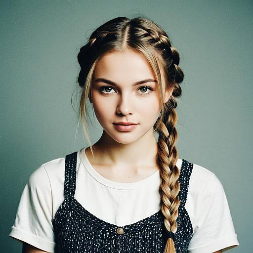 Portrait of Young Woman with Blonde Braided Hair and Casual Outfit