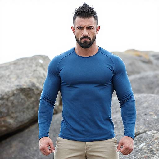 Muscular Man in Blue Long-Sleeve Shirt Outdoors by Rocks