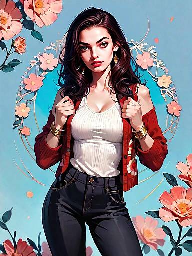 Realistic Comic Style Young Woman in Red Cardigan with Floral Background