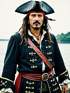 Realistic Pirate Costume Man in Tricorn Hat by the Water