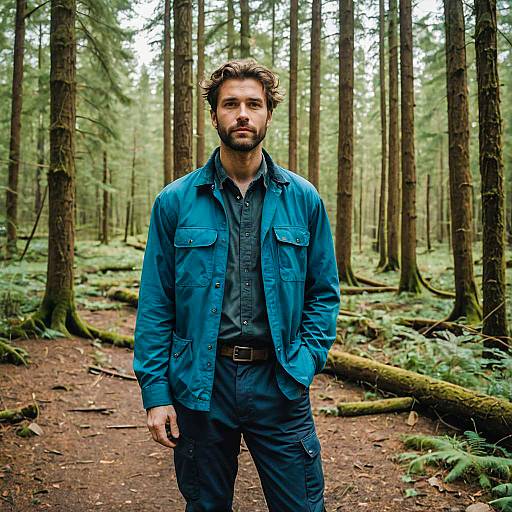 Man in Blue Jacket Standing in Lush Green Forest Trail
