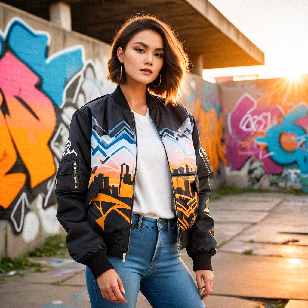 Fashionable Woman in Bomber Jacket Against Graffiti Wall