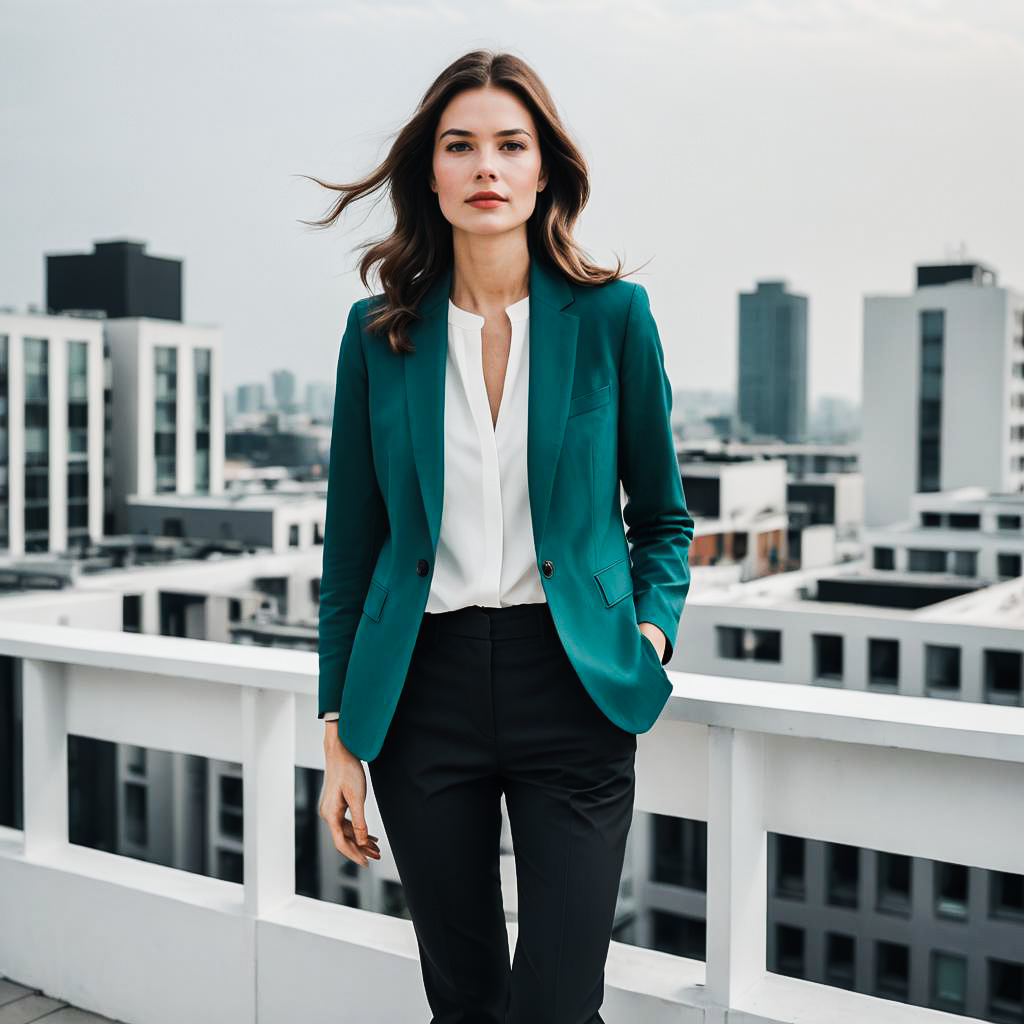 Confident Woman in Teal Blazer Against City Skyline