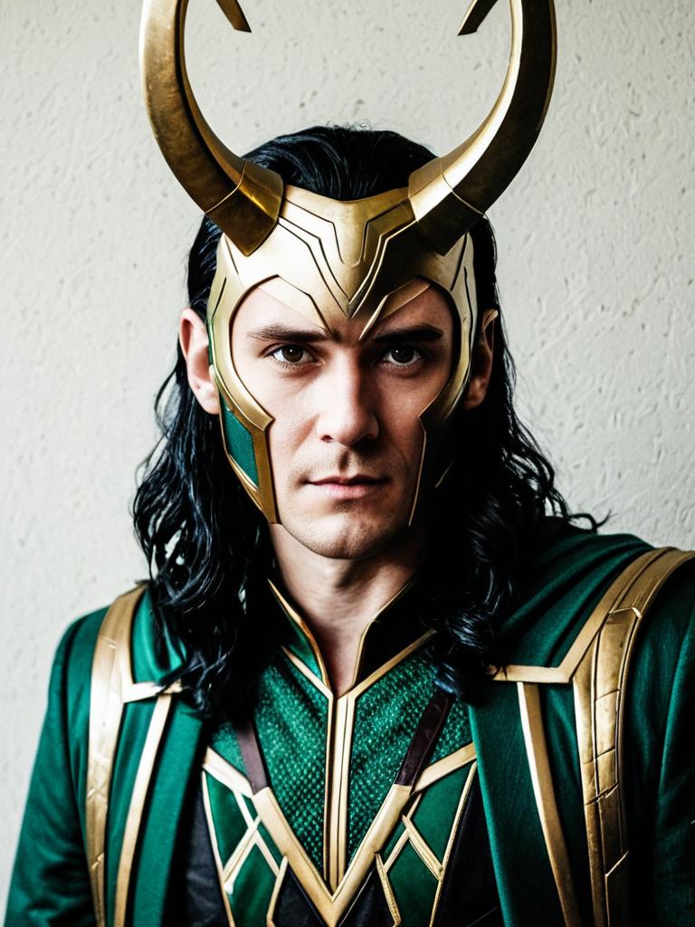 Man Wearing Detailed Loki Costume with Gold Horned Helmet and Green Armor