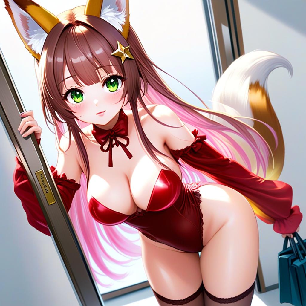 Anime Fox Girl in Red Bodysuit with Fox Ears and Tail Illustration