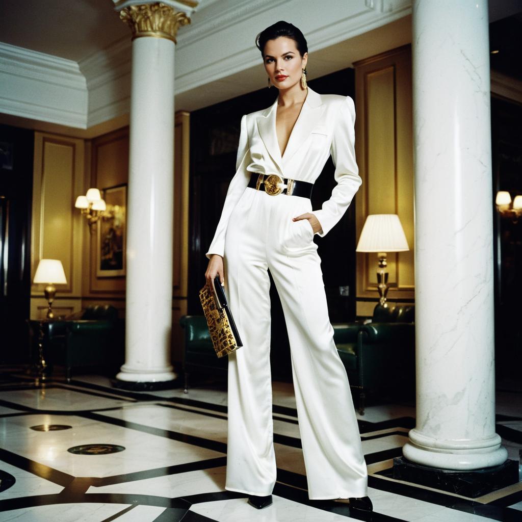 Elegant Woman in White Satin Pantsuit with Gold Accessories in Luxurious Interior