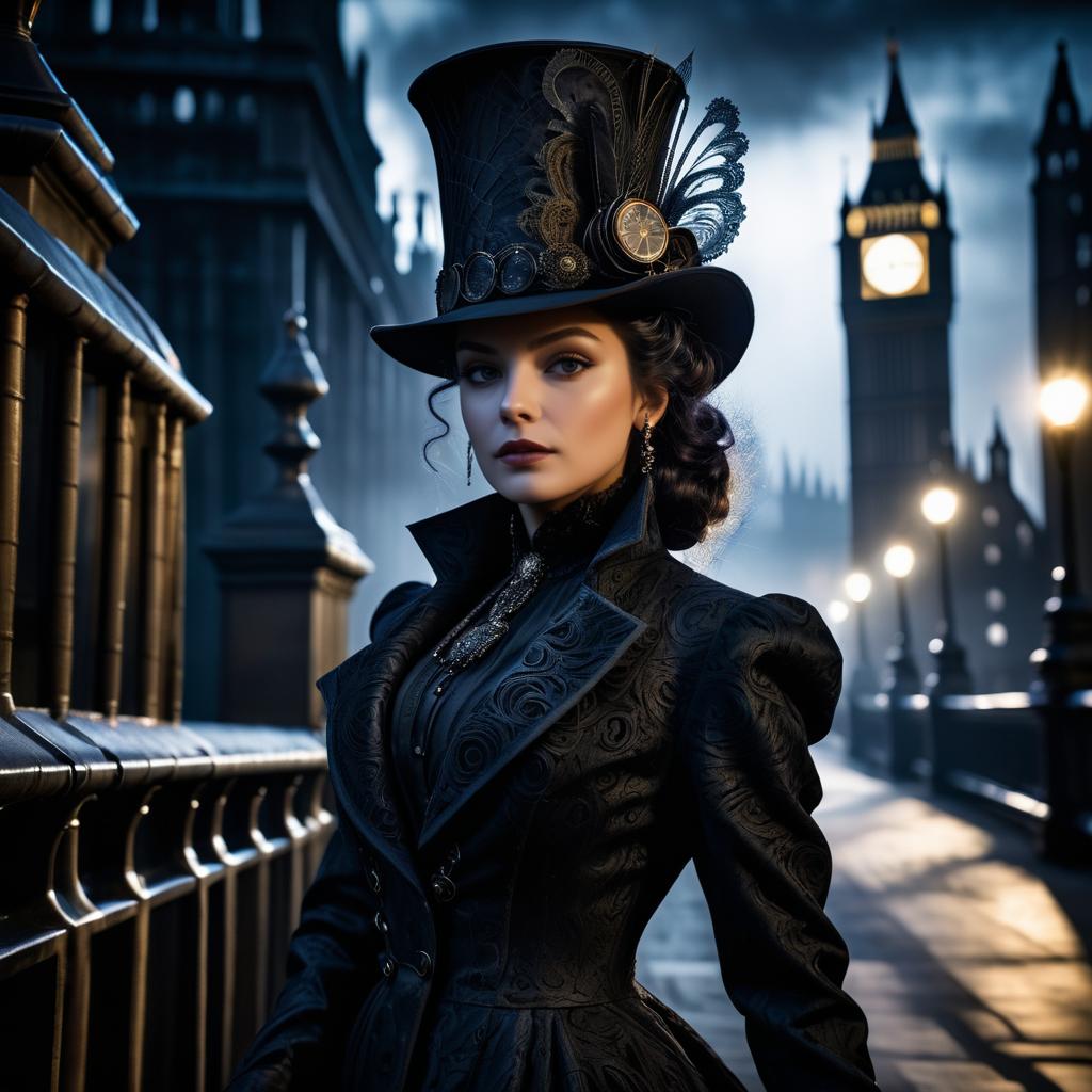 Steampunk Woman on Misty Bridge with Big Ben