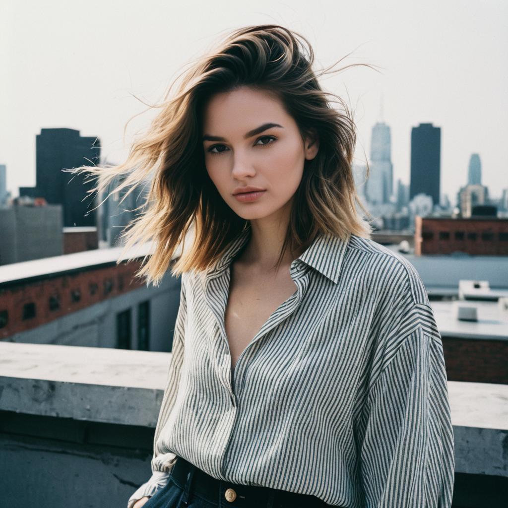 Young Woman on Rooftop with City Skyline Background