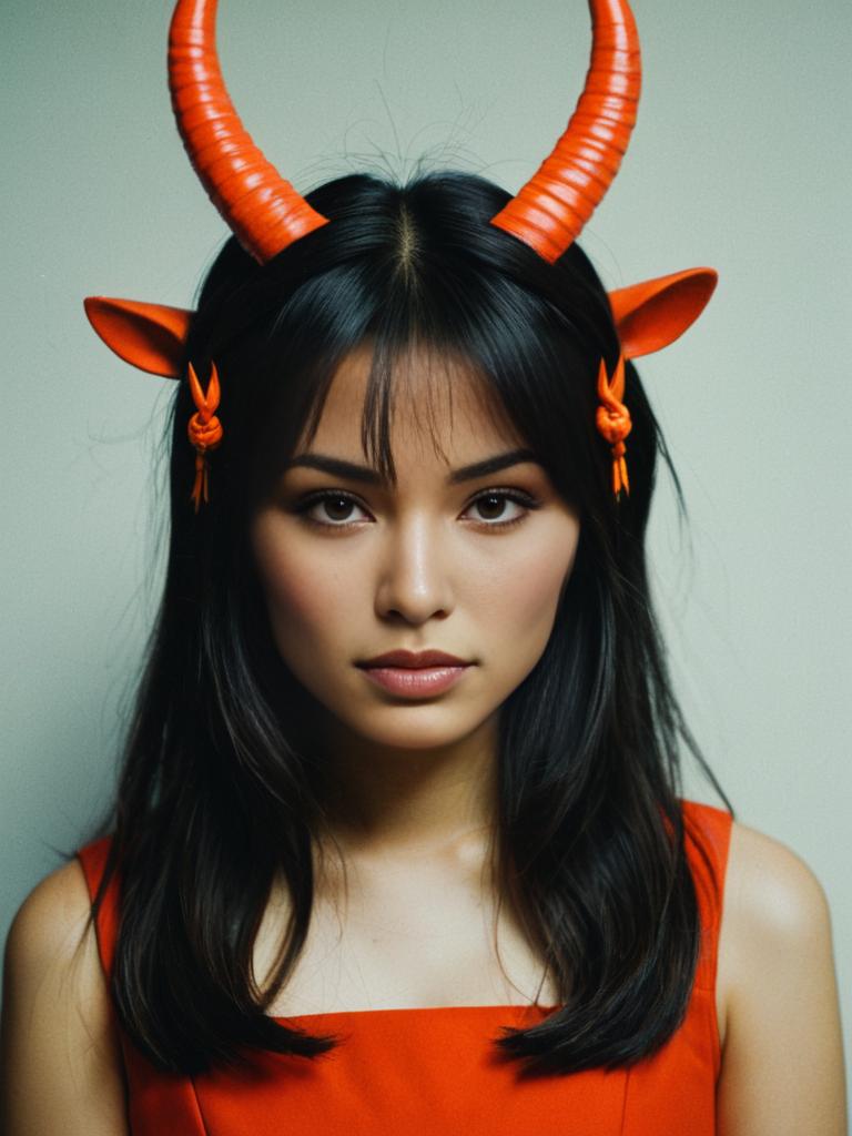 Woman Wearing Orange Horns and Red Dress Portrait