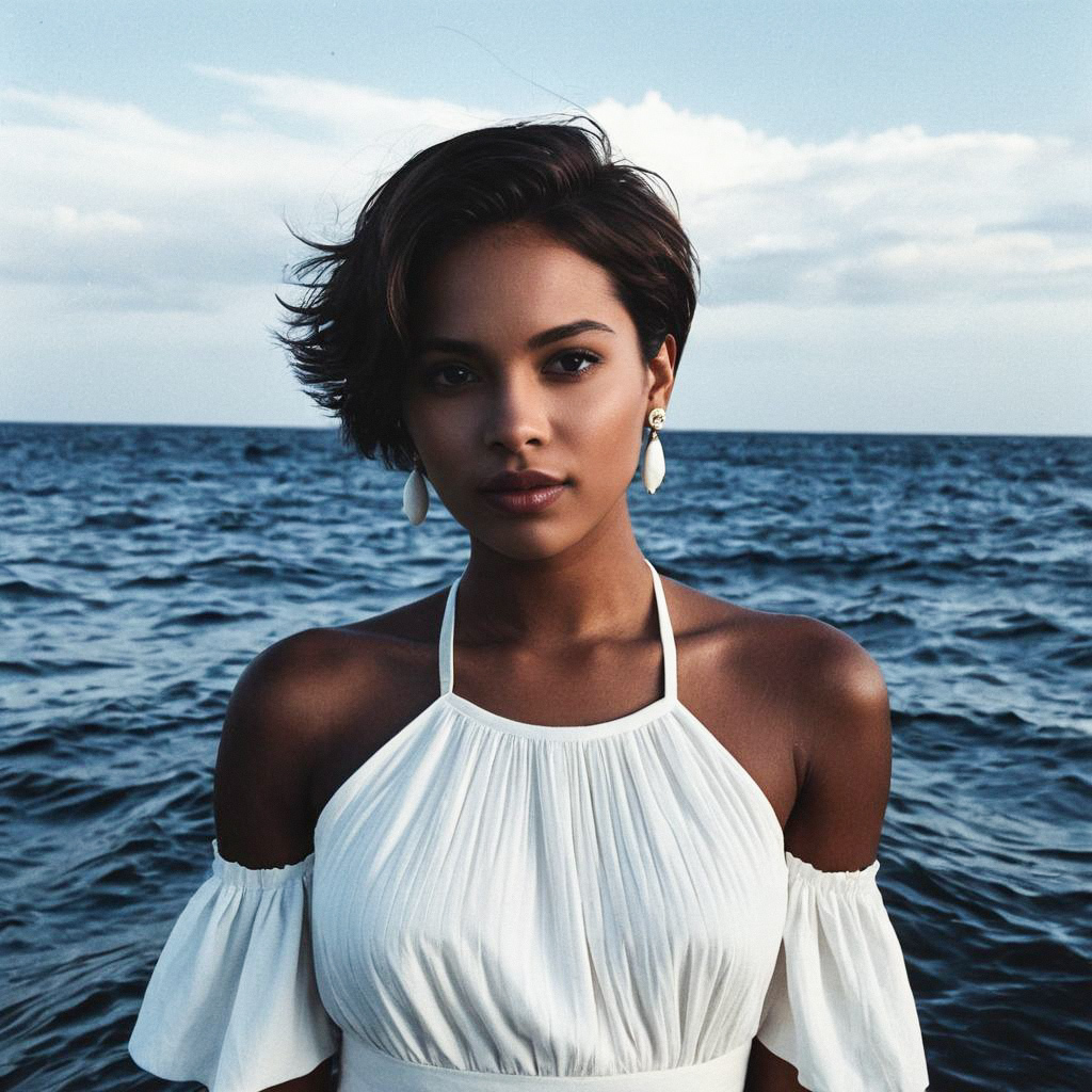 Confident Woman in White Dress by Ocean