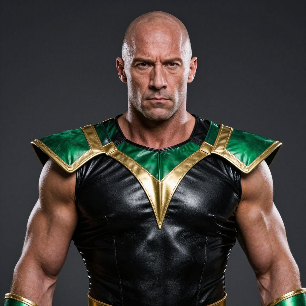 Bald Muscular Man in Futuristic Green and Gold Armor Costume