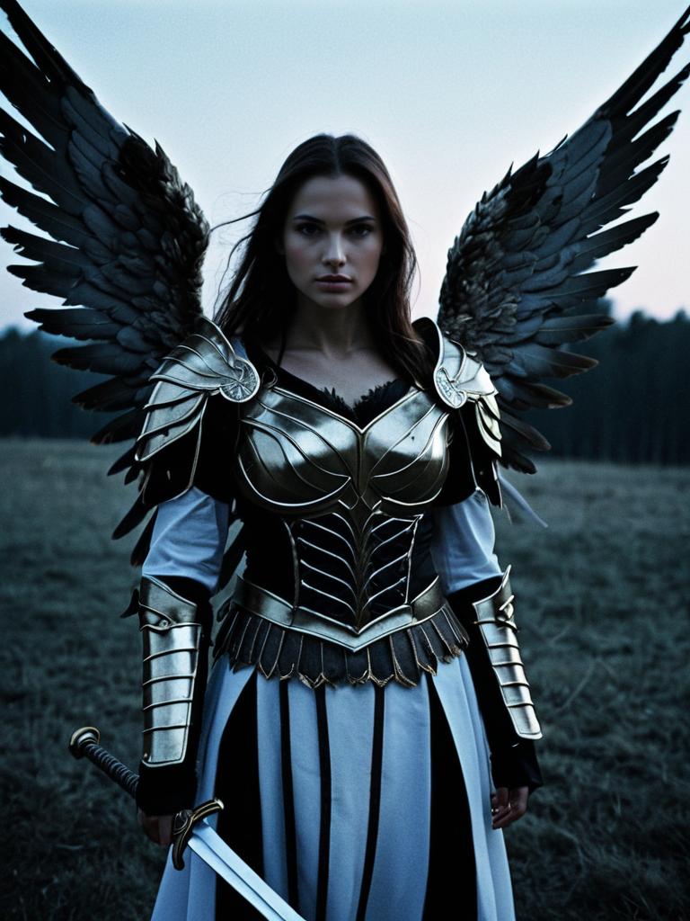 Warrior Angel Woman in Photorealistic Costume with Black Wings at Twilight
