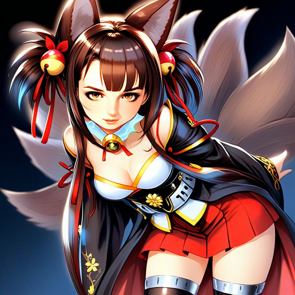 Akagi-chan Fox Spirit Anime Girl with Red Skirt and Tails Illustration