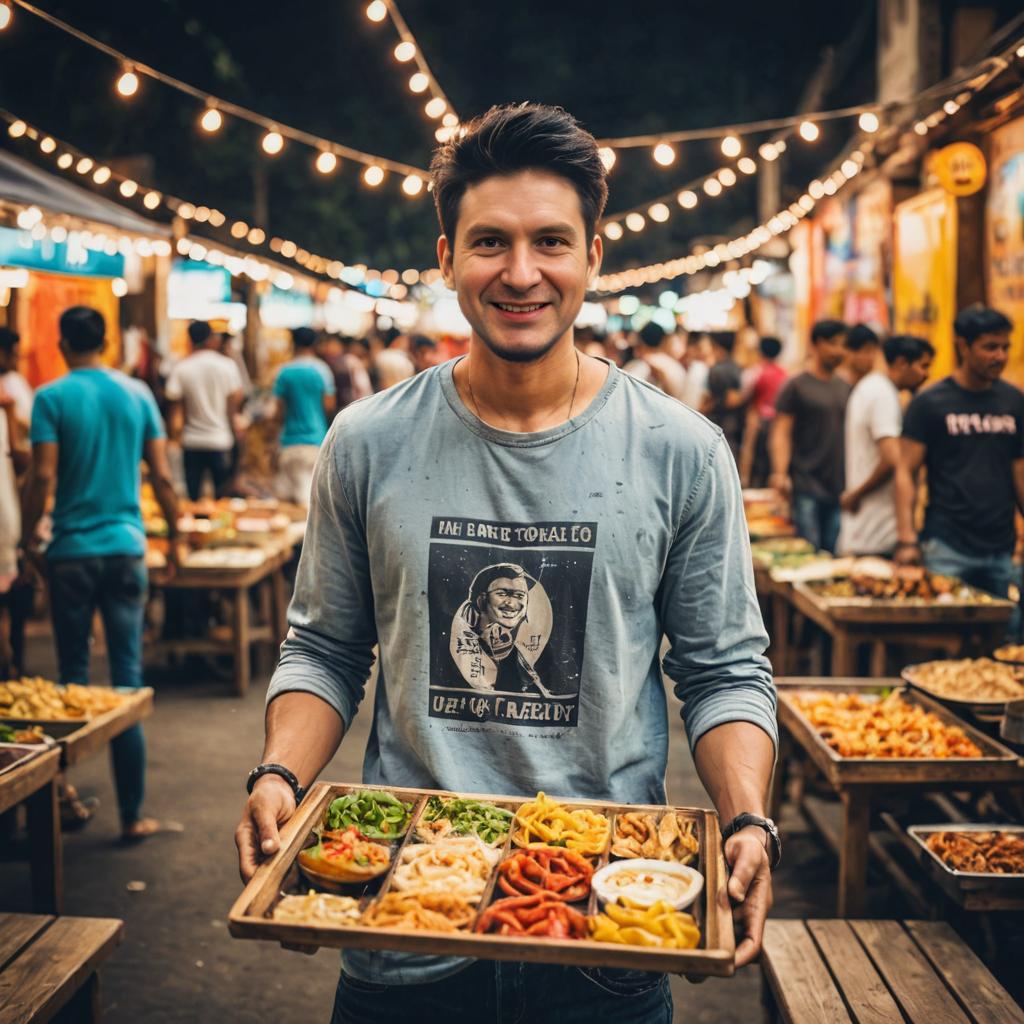 Man with Plate of Delicious Foods at Vibrant Street Food Market