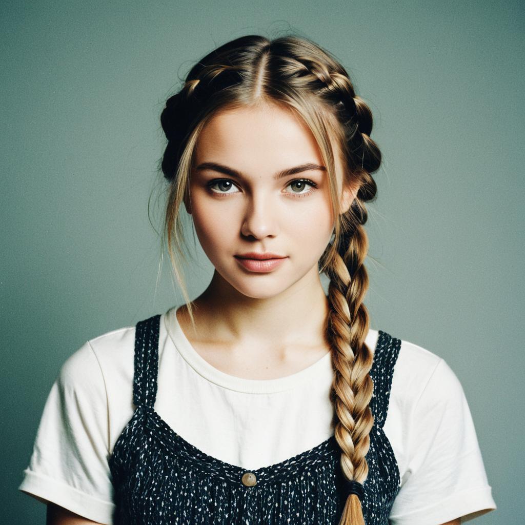 Portrait of Young Woman with Blonde Braided Hair and Casual Outfit