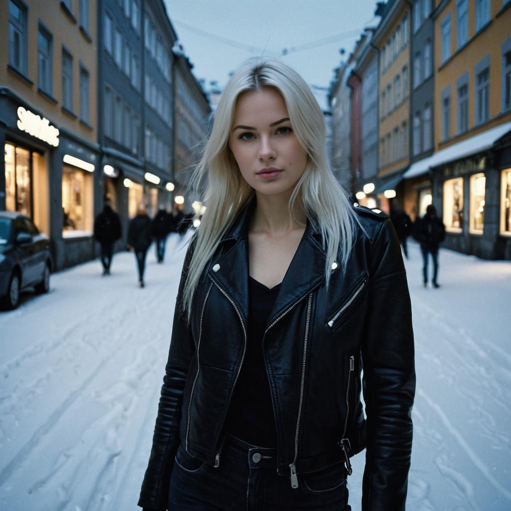 Blonde Woman in Black Leather Jacket on Snow-Covered City Street at Dusk