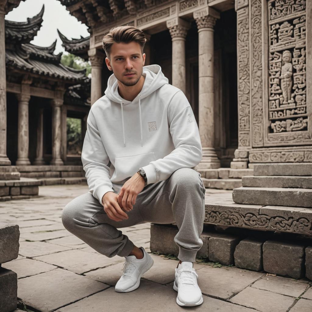 Man in Hoodie at Ancient Asian Temple