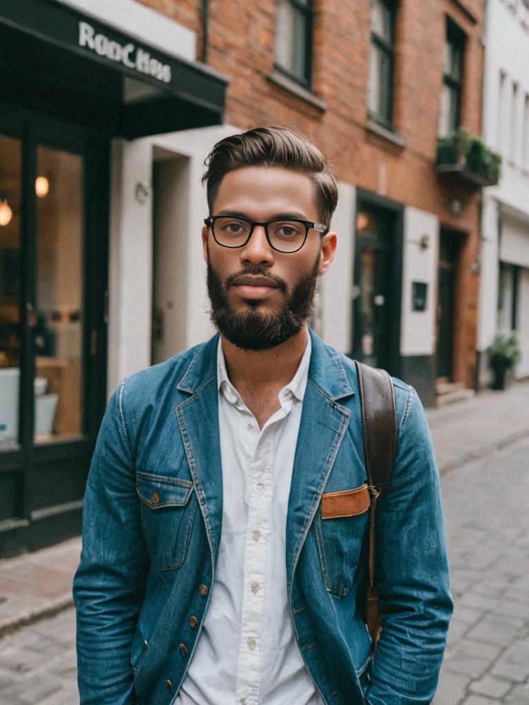 Confident Hipster Man in Denim Jacket on City Street