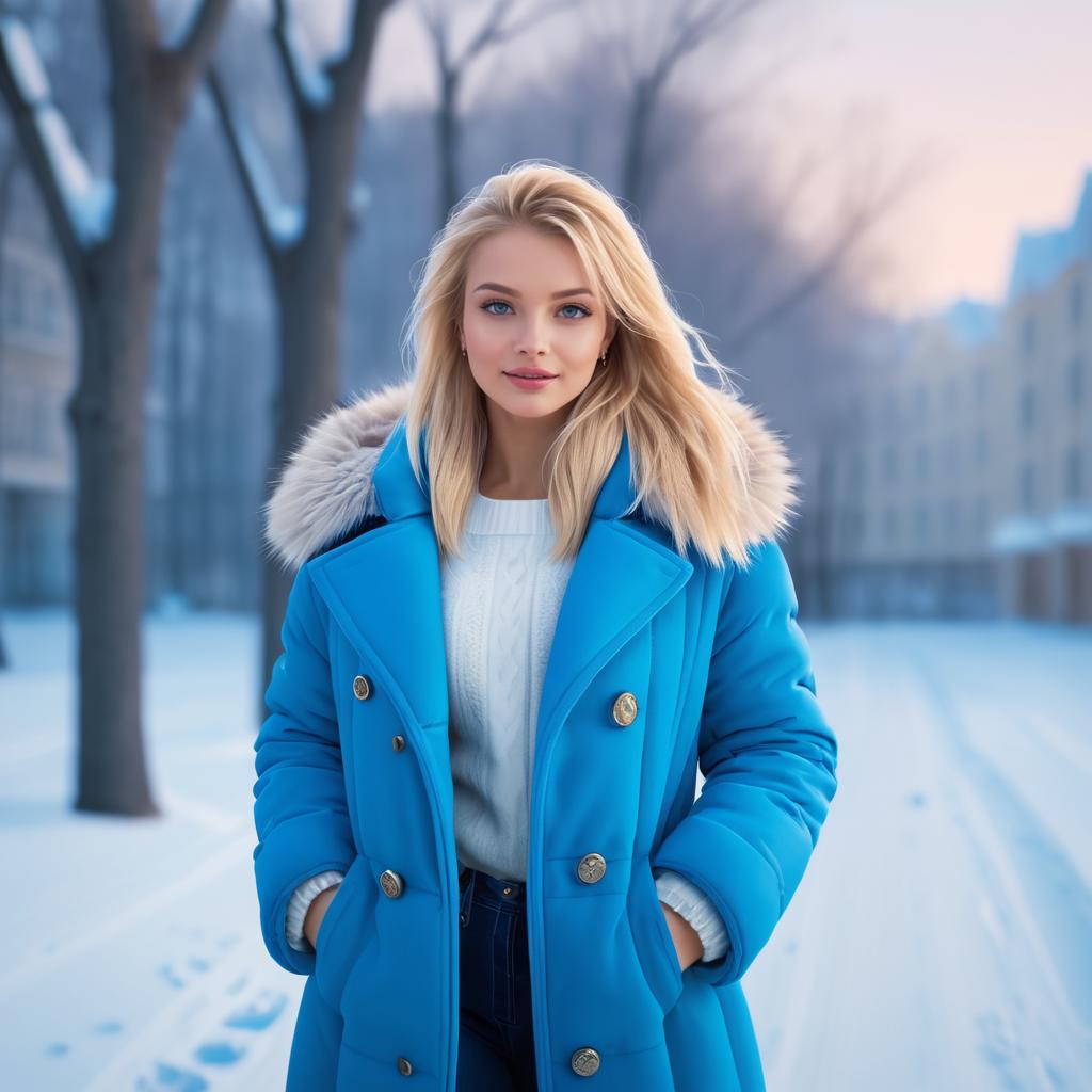 Stylish Woman in Blue Winter Coat