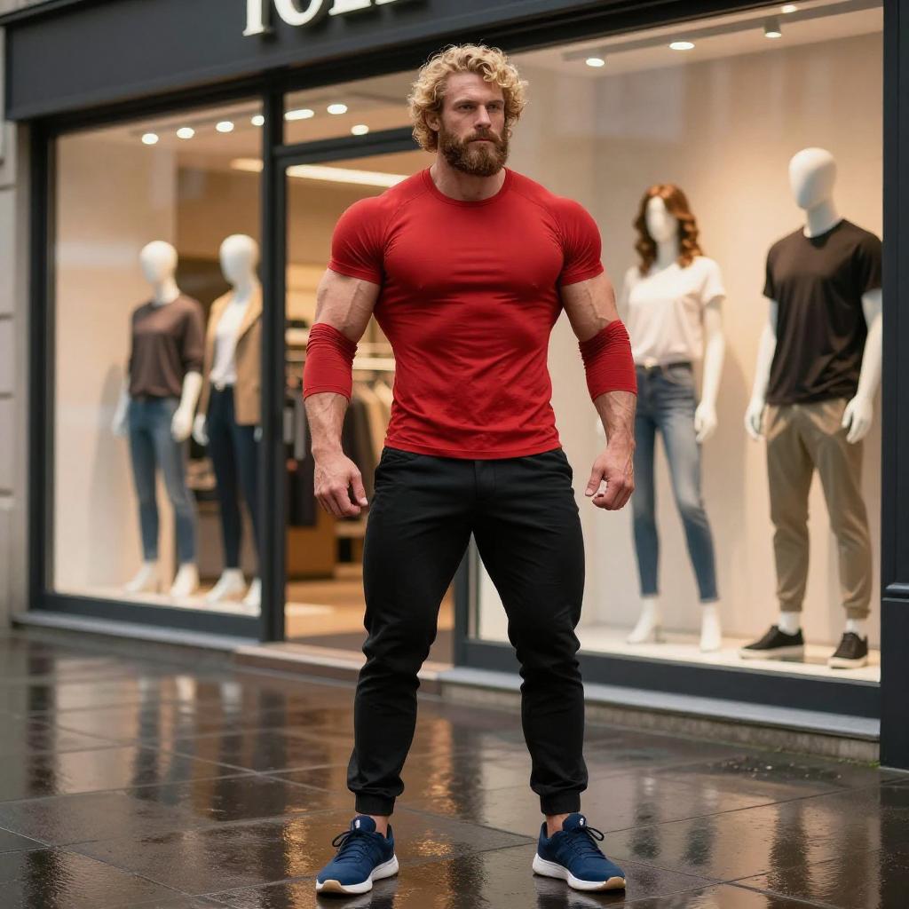 Muscular Man in Red Athletic Shirt Standing on Wet City Sidewalk