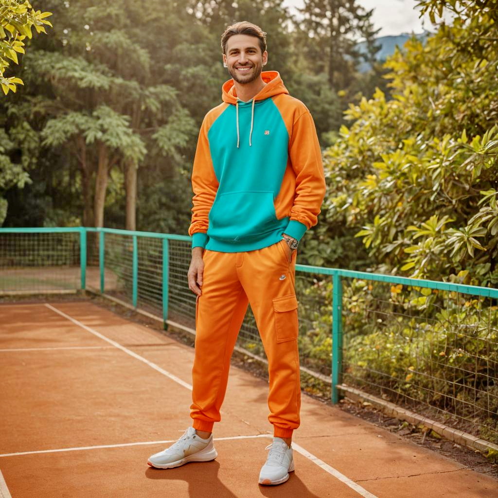 Stylish Man in Orange and Teal Activewear on Tennis Court