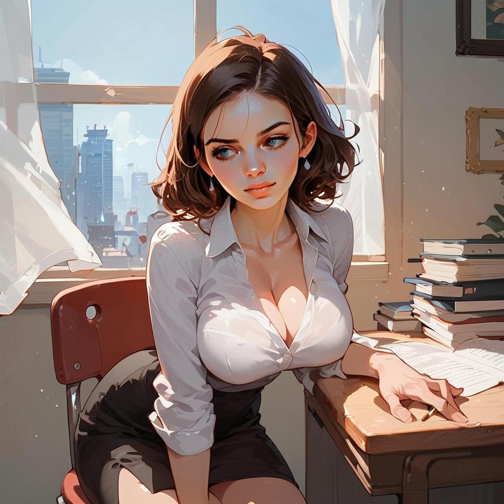 Anime Style Illustration of Woman Studying at Desk with Books