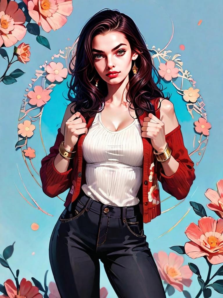 Realistic Comic Style Young Woman in Red Cardigan with Floral Background