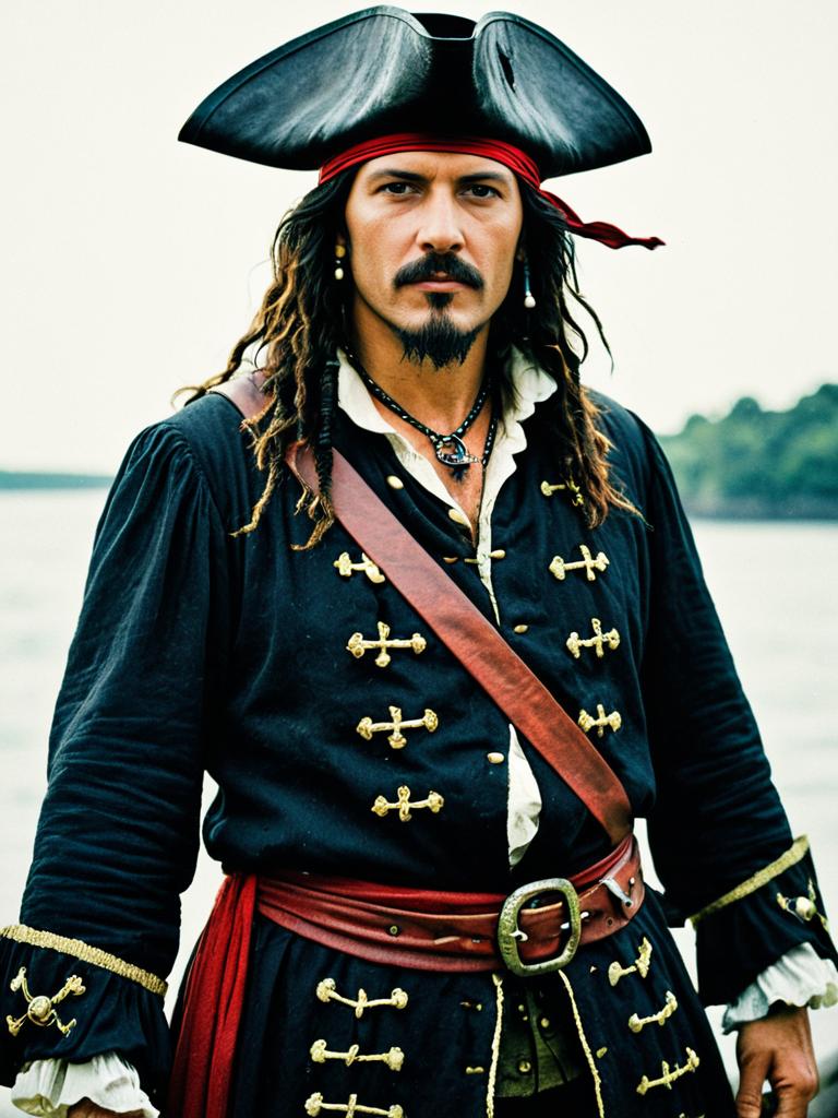 Realistic Pirate Costume Man in Tricorn Hat by the Water