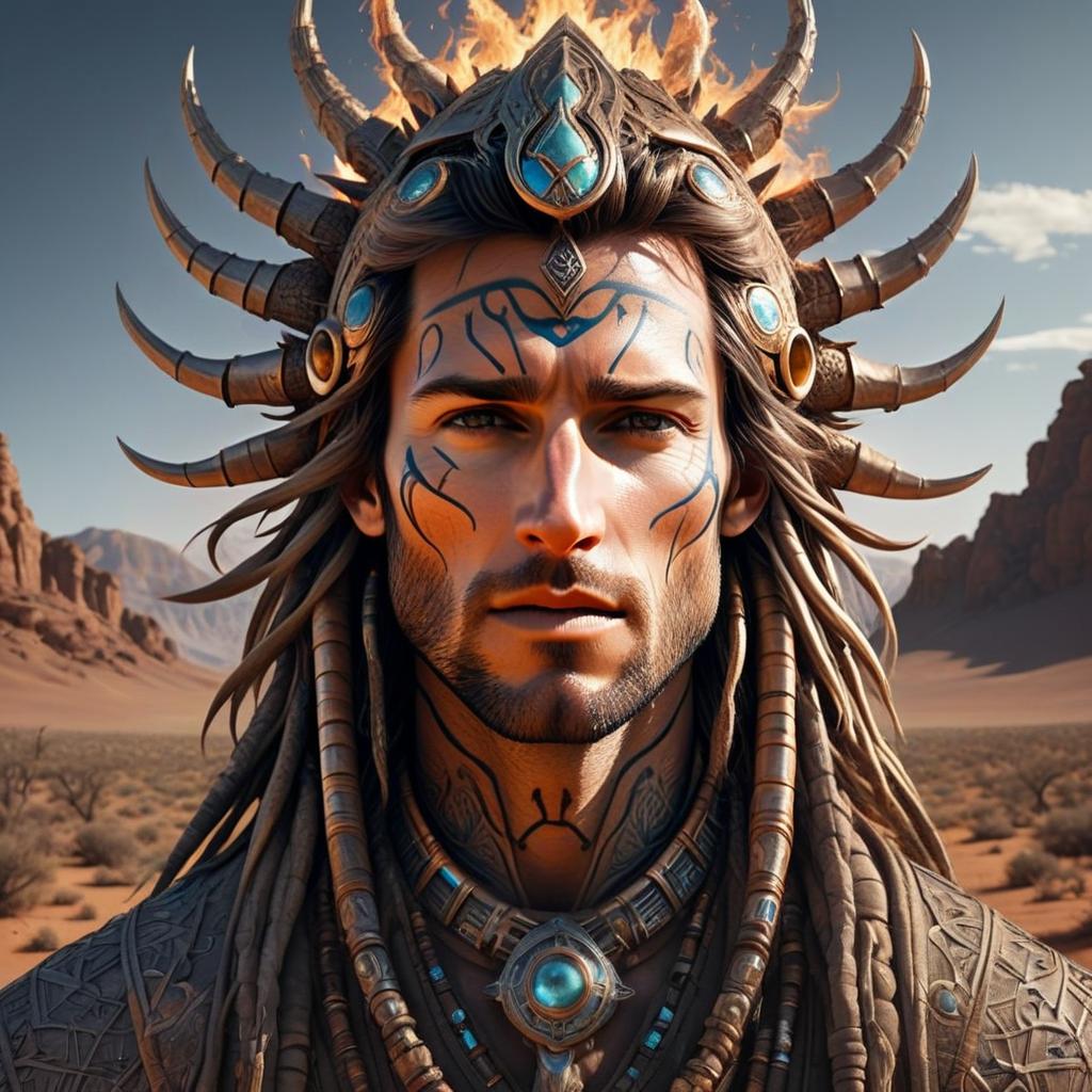 Mythical Warrior with Tribal Tattoos in Desert