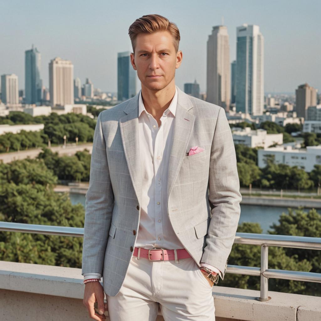 Confident Man in Smart Casual Grey Suit with City Skyline