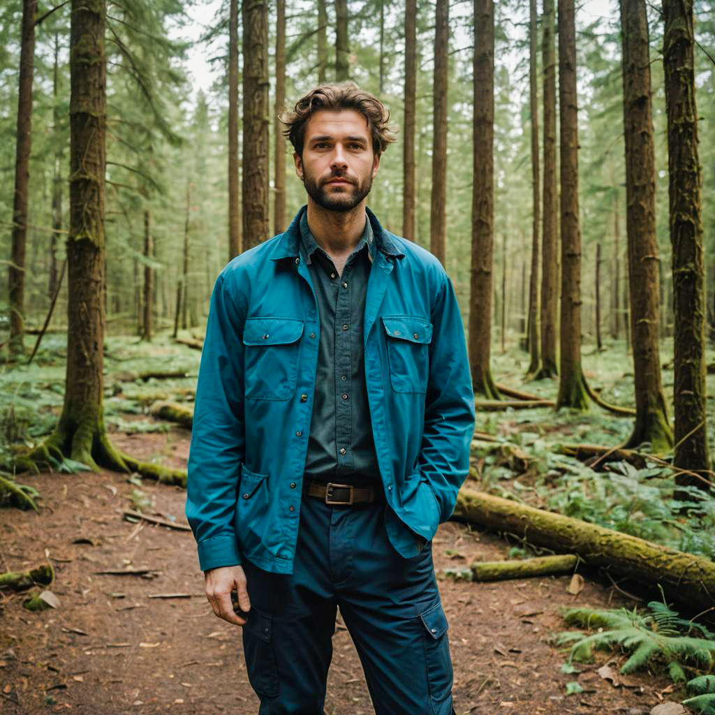 Man in Blue Jacket Standing in Lush Green Forest Trail