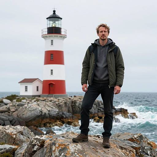 Man Standing on Rocky Coastline Near Red and White Lighthouse