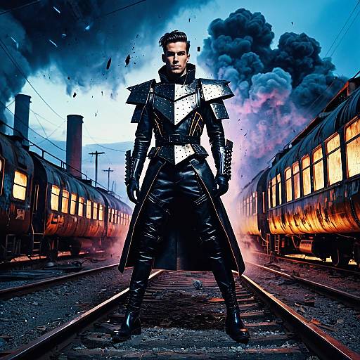 Futuristic Man in Cyberpunk Armor Standing Between Trains with Smoke
