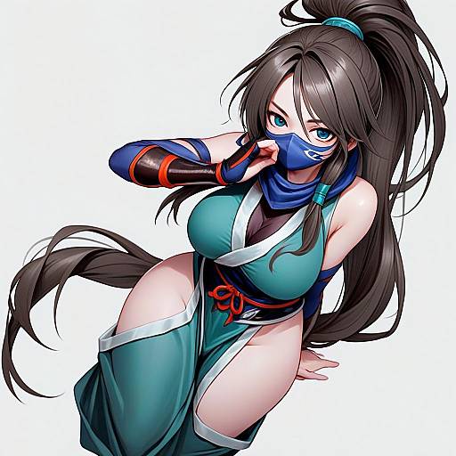 Anime Style Illustration of Woman in Teal Ninja Outfit with Mask