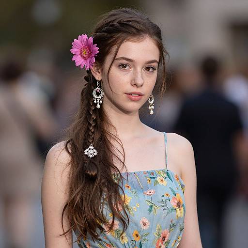 Young Woman with Braided Hair and Pink Flower in Floral Dress