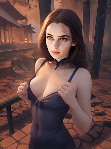 Digital Portrait of Elegant Woman in Asian-Inspired Outdoor Setting