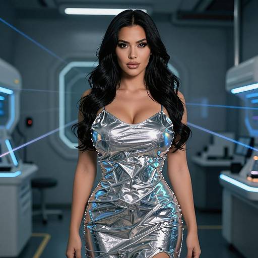 Futuristic Woman in Shiny Silver Metallic Dress in High-Tech Laboratory